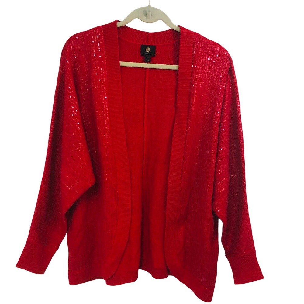 JM Collection Red Sequin Open Front Cardigan Sweater Holiday Sparkle Womens XXL